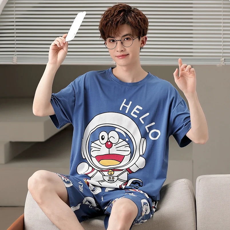 

New Summer 3XL Pijama Set Men Women Sleepwear Cartoon Doraemon Pyjamas Suit Kawaii Boy Cotton Loungewear Hombre Korean Pajamas