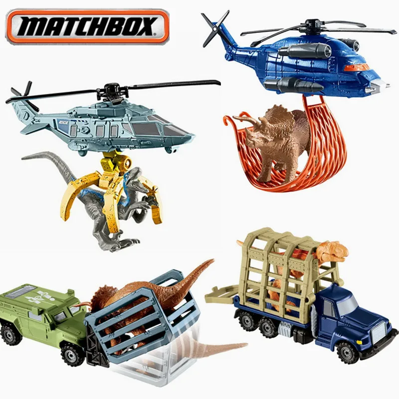 Mattel Matchbox Toys Tyrannosaurus Rex Transporter Velociraptor Helicopter Jurassic World Dinosaur 1:64 Model Alloy Car Gift