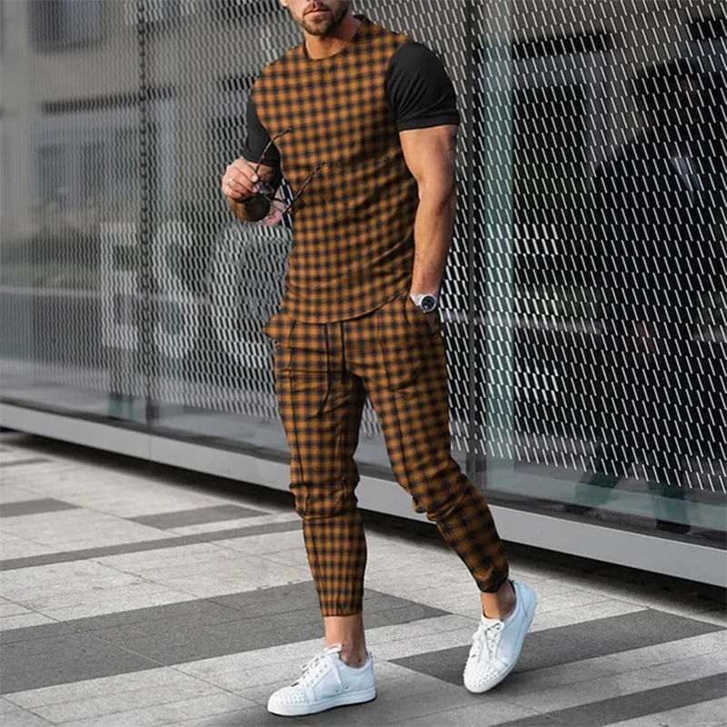 Spring/Summer Set Men Fashion Plaid 3D Printed Short Sleeve T-shirt+Long Pants Street Trend Casual Men's Sportswear 2-Piece Set