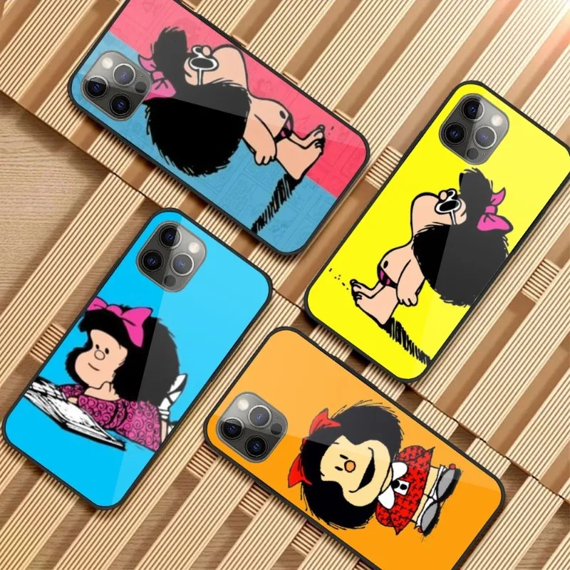 Mafalda милый мультяшный чехол для телефона для девочек для IPhone 14 13 12 11 XS X 8 7 6 Plus Mini Pro Max SE 2022 Черный PC TPU стеклянный чехол для телефона