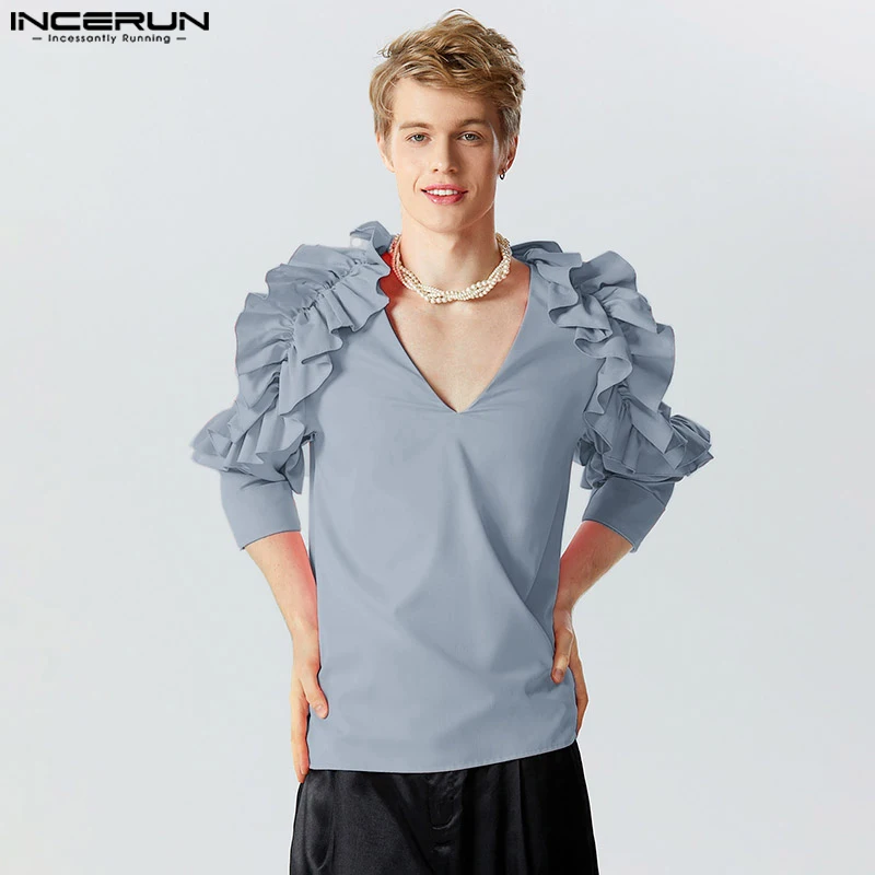 

2023 Men T Shirt Solid Color Ruffle V Neck 3/4 Sleeve Personality Men Clothing Party Streetwear Fashion Camisetas S-5XL INCERUN