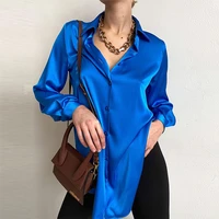 2022 summer satin womens shirt red solid long sleeve loose shirts female elegant spring office vintage fashion ladies clothes