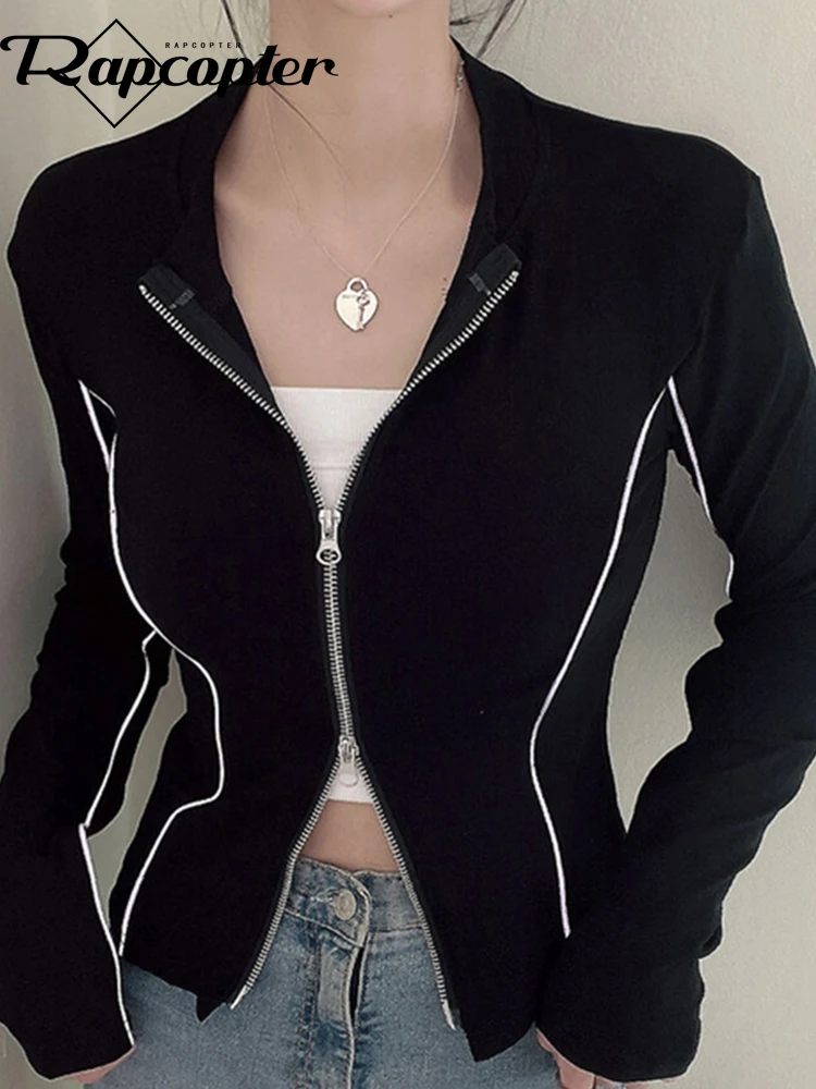 

Rapcopter Striped Full Sleeve T Shrit Zipper Knitted Turn Down Collar Crop Top Women Korean Patched Chic Cardigans Retro Sporty