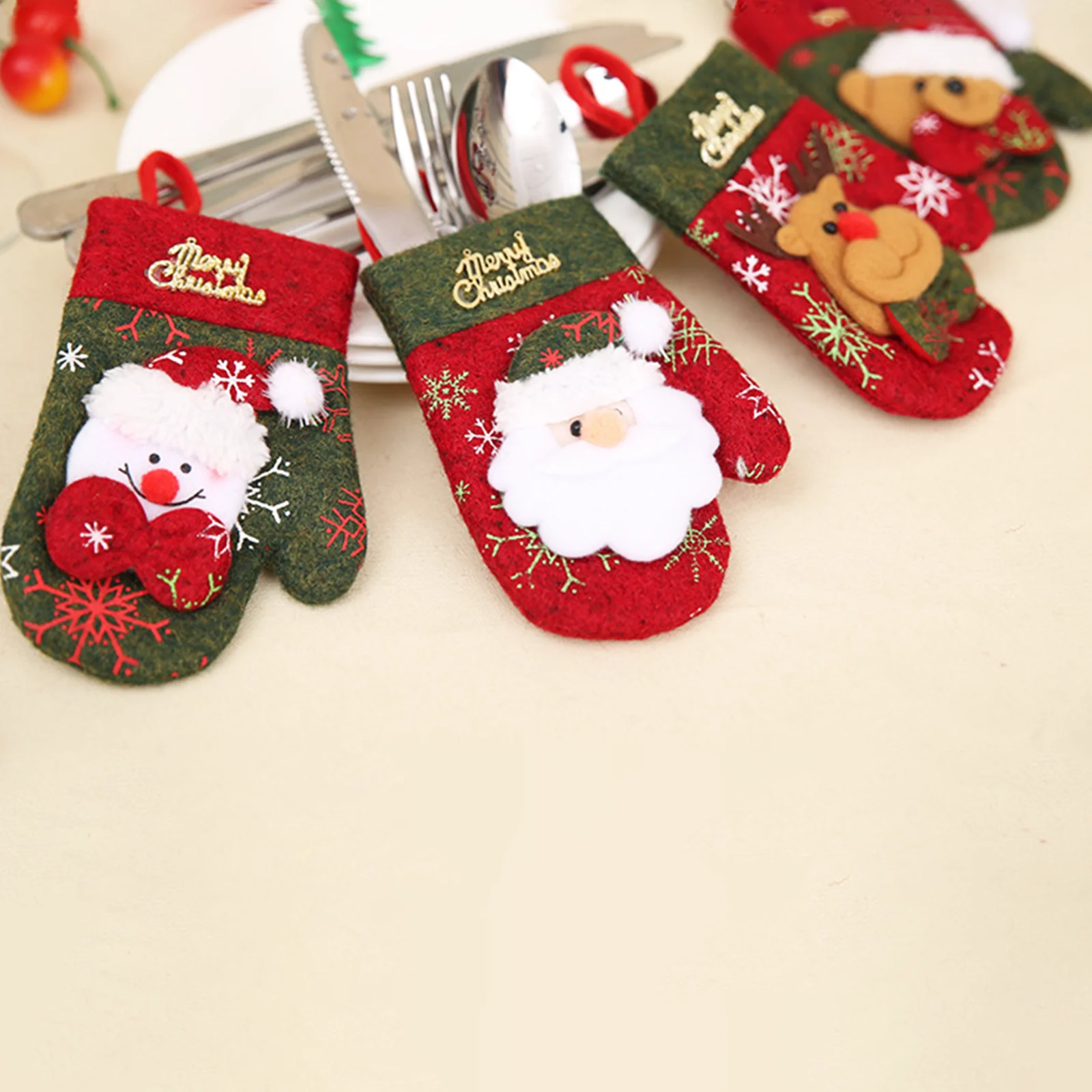 Mini christmas gloves table decoration Snowman Kitchen Tableware Holder Pocket Party Dinner Cutlery Bag set