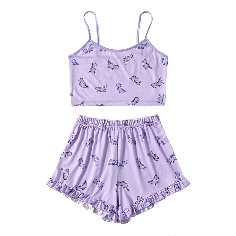 Summer Women Pajama Set Cute Printed Pattern Pajamas Suspenders Sexy Night Homewear Sleeveless Tops And Shorts 2-Piece Set