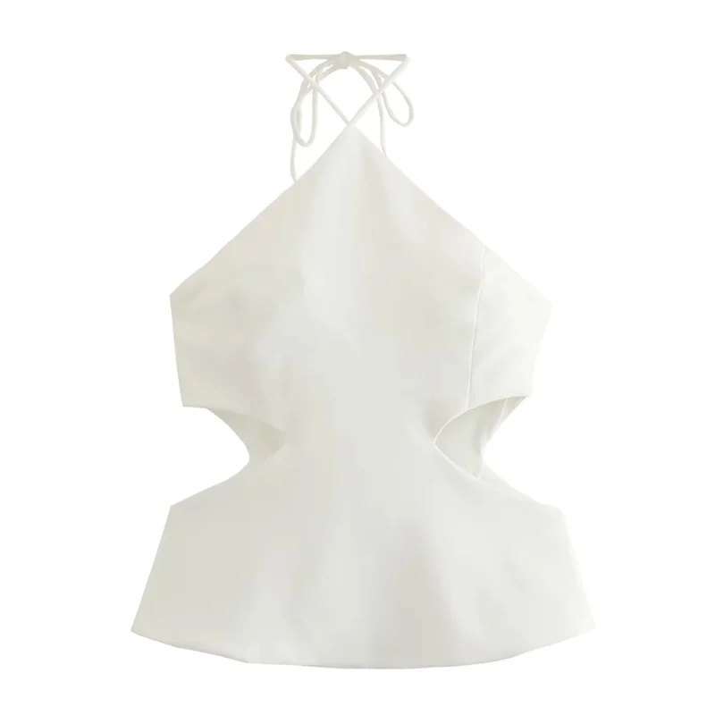 

TRAF 2023 Cut Out Tied Halter Tops For Women New Summer Waist Cut Outs Sexy Top Elegant Back Hidden Zip Closure White Top