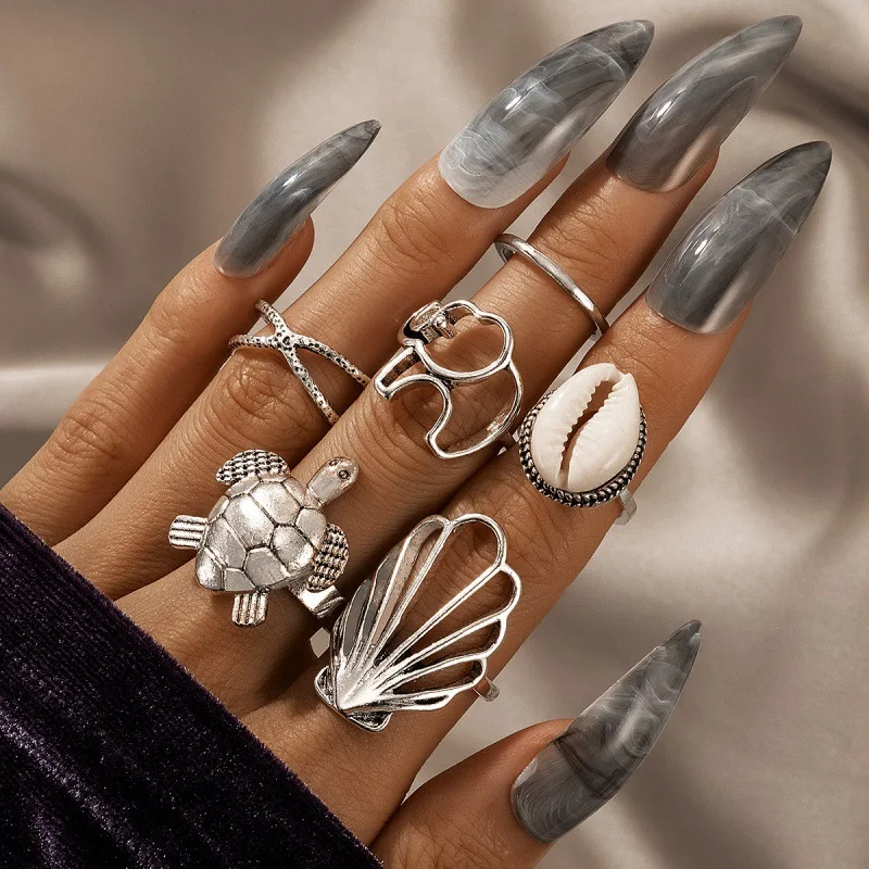 

New 2022 Geometric Alloy Ring Six-piece Beach Wind Shell Turtle Animal Ring Set