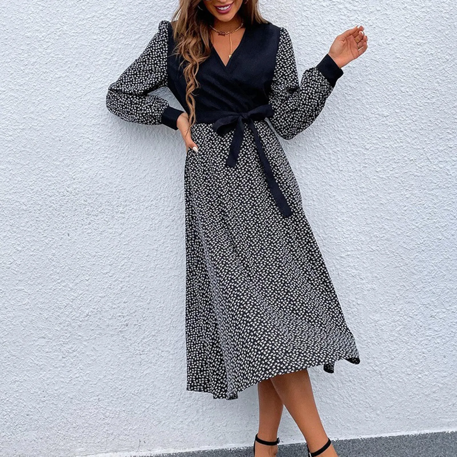 

Women's Long Sleeved V Neck Fake Two Chiffon Print Dress Cocktail Casual Dresses for Women