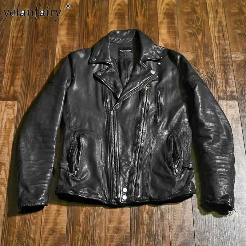 Мужская винтажная моющаяся куртка из натуральной овчины