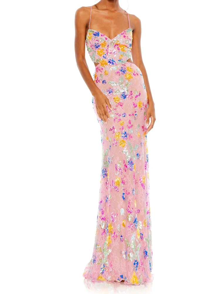 

Woman Flowers Sequin V Neck Sexy Collarbone Lace Up Backless Long Pink Glamorous Outfit Lining Evening Party Dress