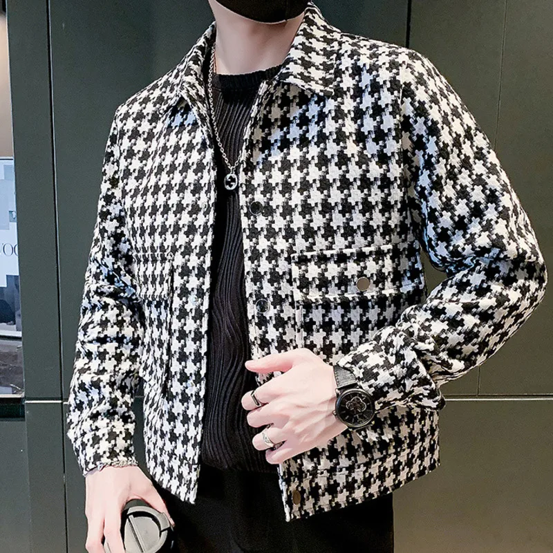

Houndstooth Pattern Jacket Coat Lapel Slim Casual Mens Coats Fashion Slim Fit Man Jackets Spring Male Jacket Jaqueta Motoqueiro