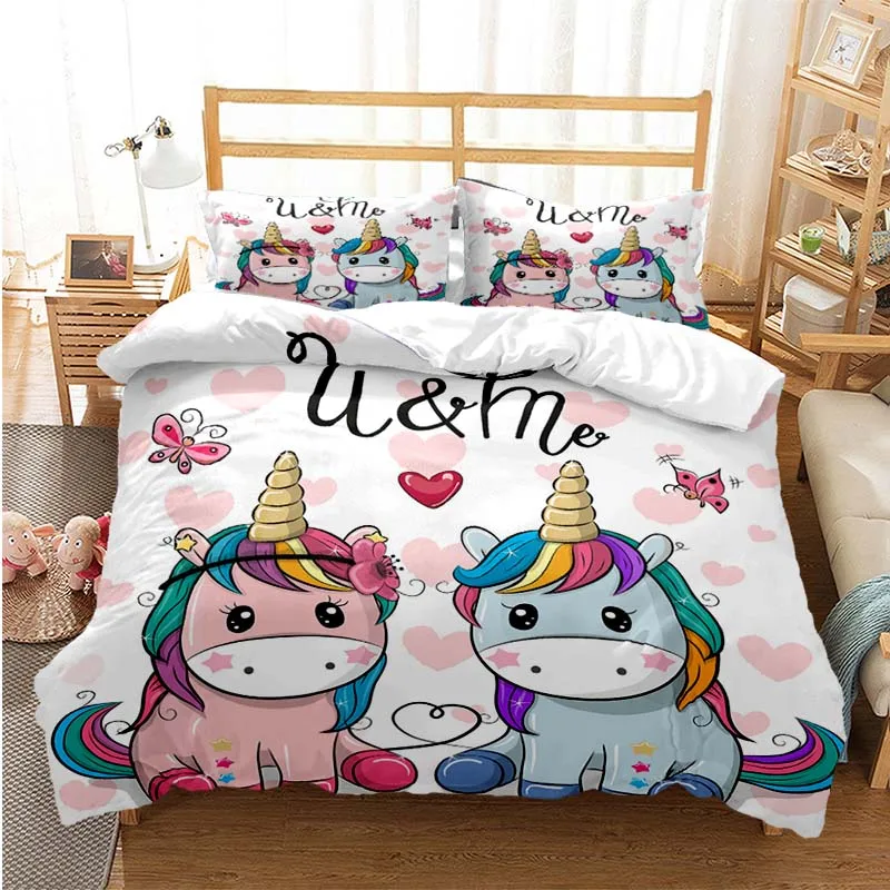 Unicorn Duvet Cover Set Cartoon Galaxy Rainbow Colourful Unicorn Cute Romantic Theme for Kids Girls Polyester Comforter Cover