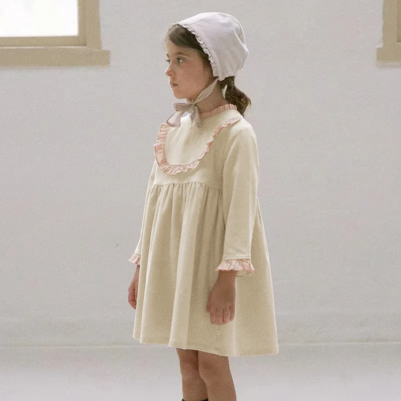 

Princess Style Long-Sleeved Dress 2023 Autumn New Children's Cotton Ruffled Collision Color Retro Cute Baby Girl Dresses