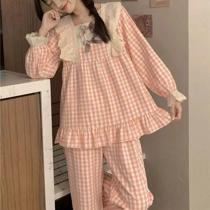 

Кружевной клетчатый женский пижамный комплект для дома, пижама с оборками, брюки с длинным рукавом, костюм из 2 предметов, осенняя Корейская Ночная одежда с квадратным вырезом