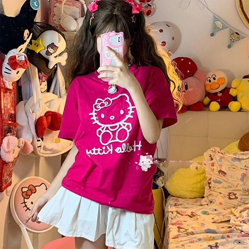 

Kawaii Sanrioed Anime Hellokittys Cartoon Cute Summer College Style Loose Casual Fashion Cotton Girl Short-Sleeved Gift