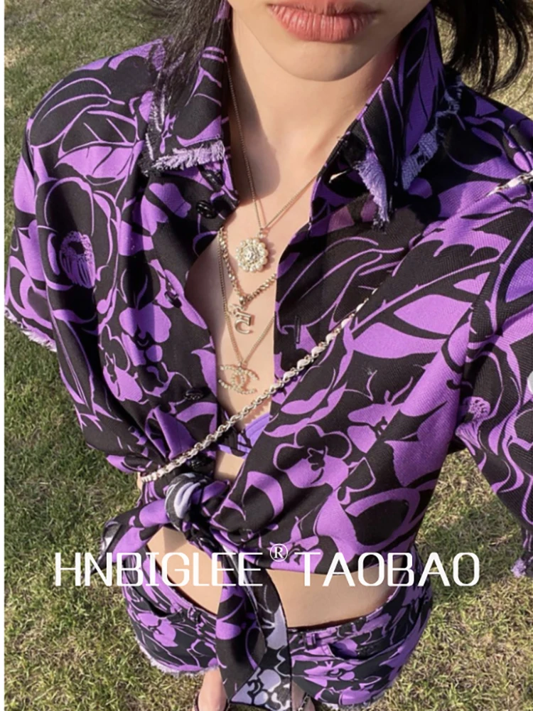 

Provide label High Quality Summer Women Fashion Runway Designer Graffiti Camellia Print Long Sleeve Shirts Cowboy Shorts Bikini