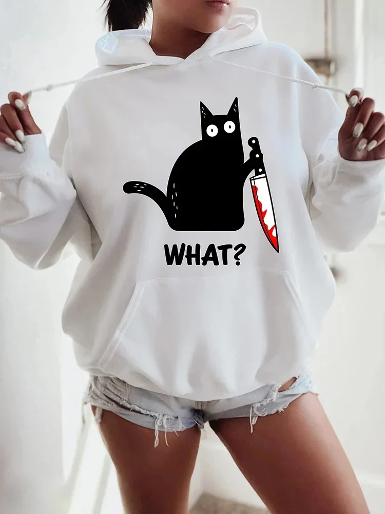 

Black Cat What With Knife Printed Hoodie for Women Casual Oversize Soft Sweatshirts Comfortable Warm Tops Trend Female Clothes