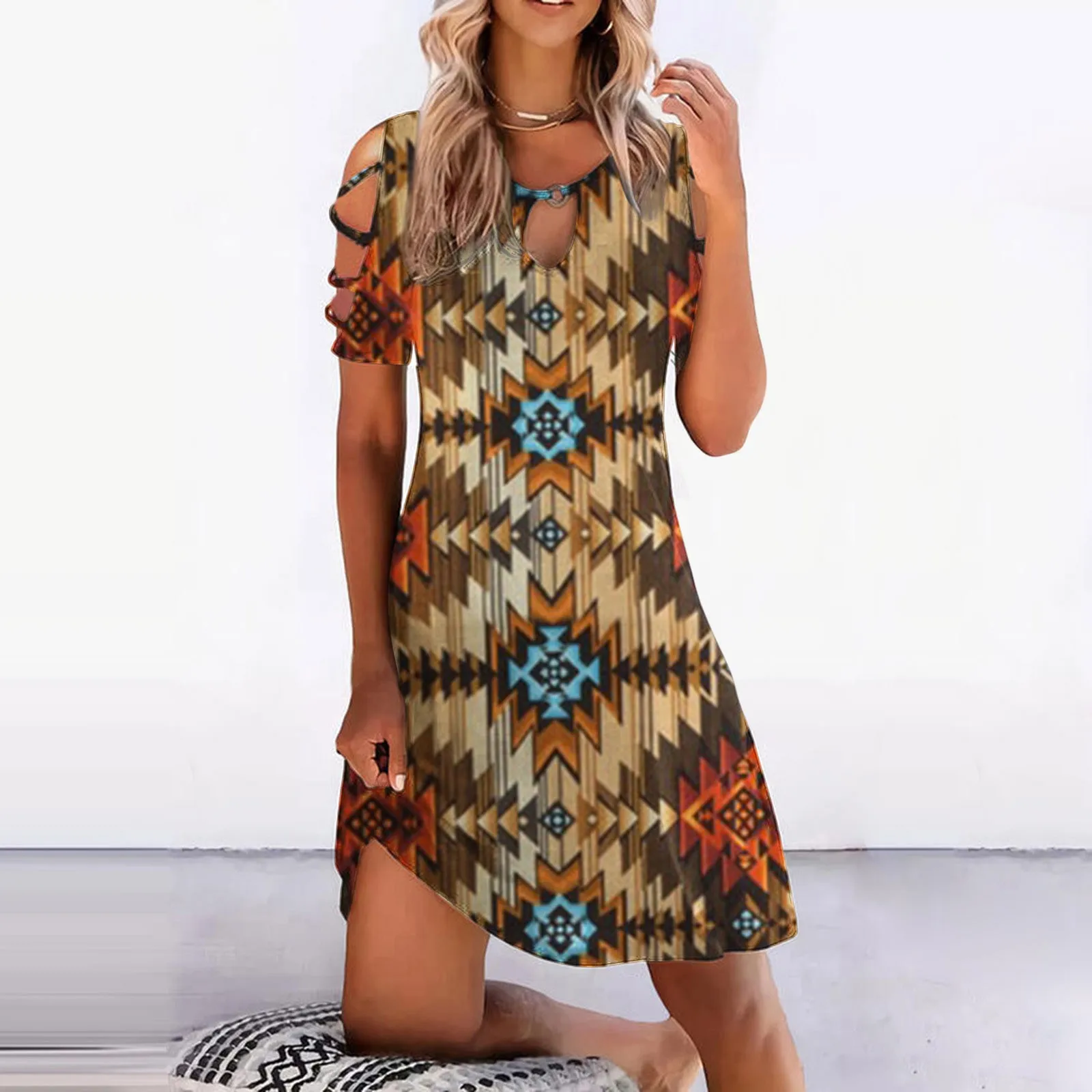 

Women Summer Geometric Fashion Office Hollow Ruffles Off Shoulder Short Sleeve Dress Lady Round Neck Plus Size Mini Dress