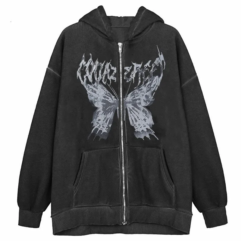 

Y2k Clothes Women Oversized Hooded Sweatshirts Fashion Harajuku Korean Gothic Zip Up Hoodie Butterfly Printed Black Ladies Coat