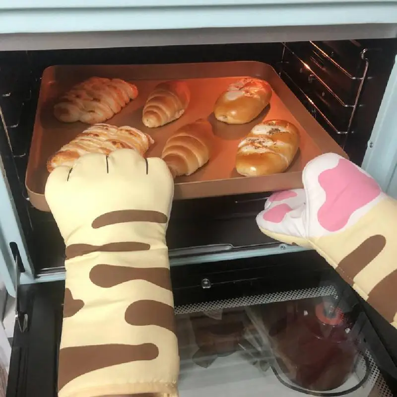 

1pc Cute Cartoon Cat Paws Oven Mitts Long Cotton Baking Insulation Microwave Heat Resistant Non-slip Gloves Animal Design