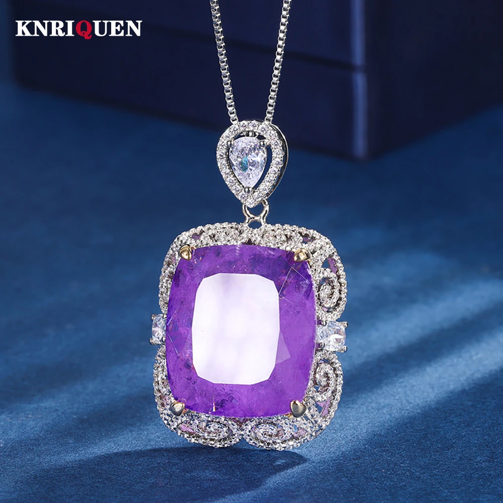 

Luxury Vintage 20*23mm Amethyst Pendant Chain Necklace for Women Lab Diamond Cocktail Party Fine Jewelry Accessories Female Gift