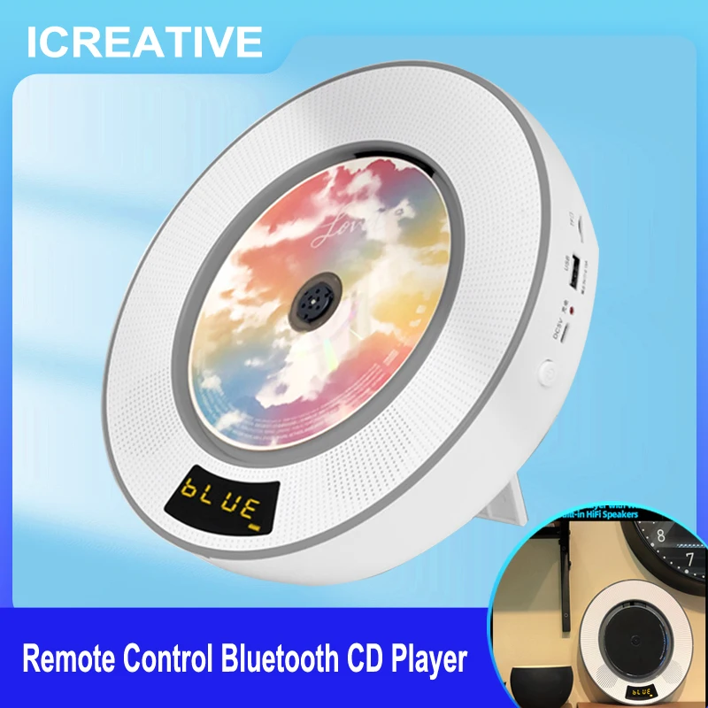 

Big Remote Control Bluetooth CD Player Wall Mountable Music Boombox with Dust Cover,2 Built-in Stereo HiFi Soundcore Speakers