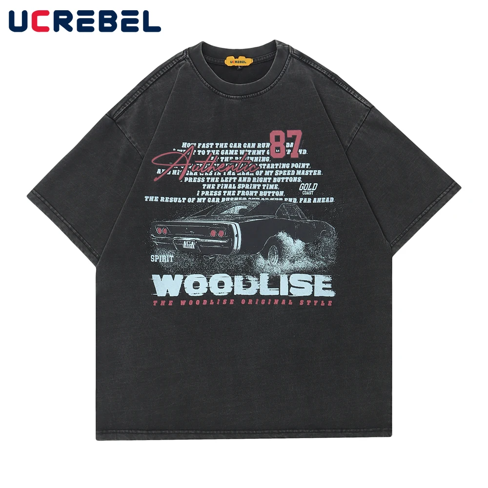 

Футболка мужская из мытого хлопка с принтом автомобиля, уличная одежда с надписью, круглый вырез, Свободный Повседневный Топ с рукавом до ло...