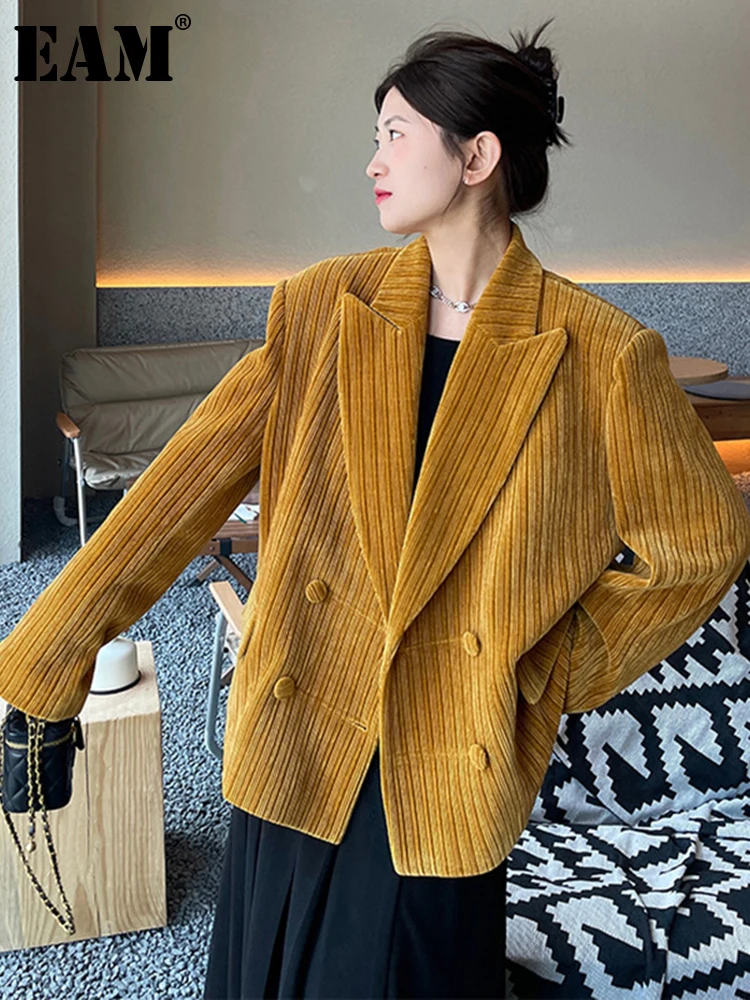 

[EAM] Women Yellow Velvet Big Size Casual Blazer New Lapel Long Sleeve Loose Fit Jacket Fashion Tide Spring Autumn 2023 1DE4414