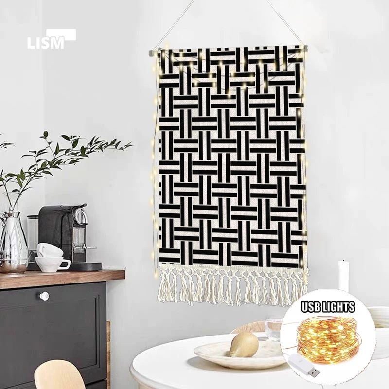 

Flax Geometry White Tassel Tapestry Hand-knitted Nordic Art Hanging Cloth Handmade Bohemian Style Retro Home Decoration Cotton