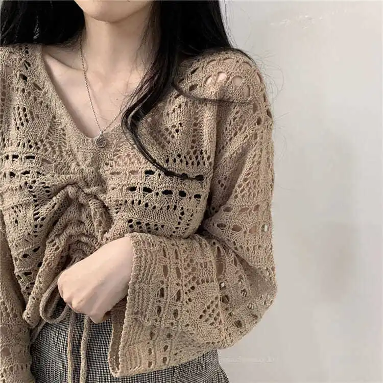

Pullovers Women Spring College Cropped Lace-up Khaki Design Pure Hollow Out Knitwear Sweaters All-match Mujer Simple Aesthetic