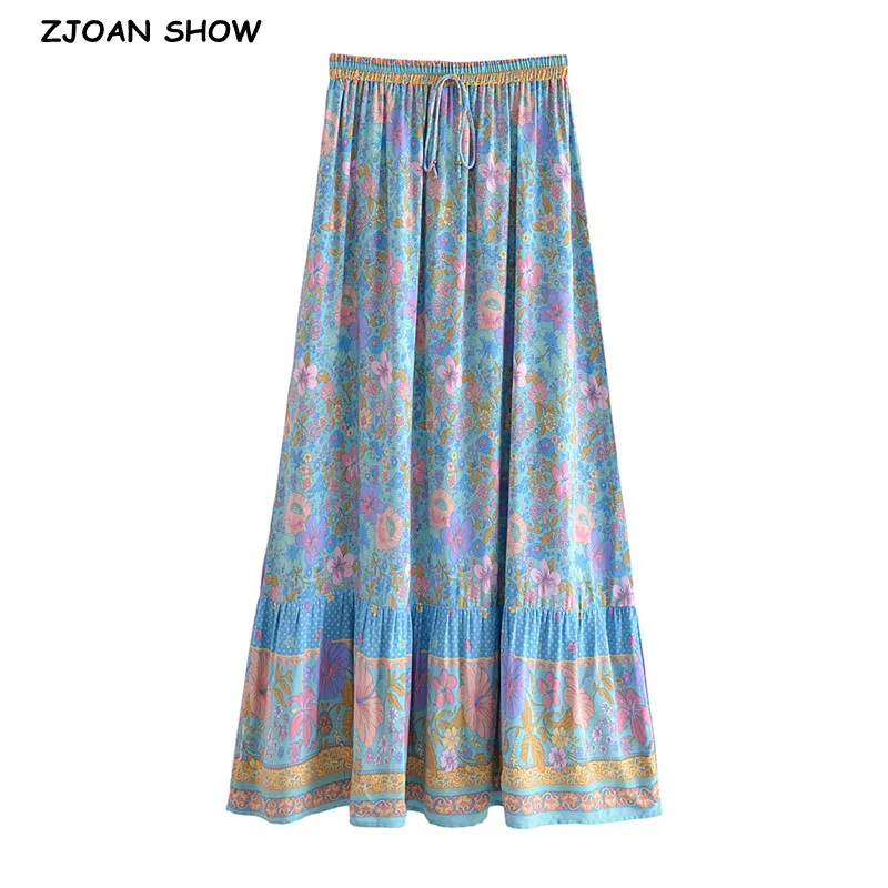 

2023 BOHO Blue With Pink Small Flower Print Long Skirt Spliced Ruched Ruffle Hem Women Ball Tassel Bow Waist Swing Skirt Holiday