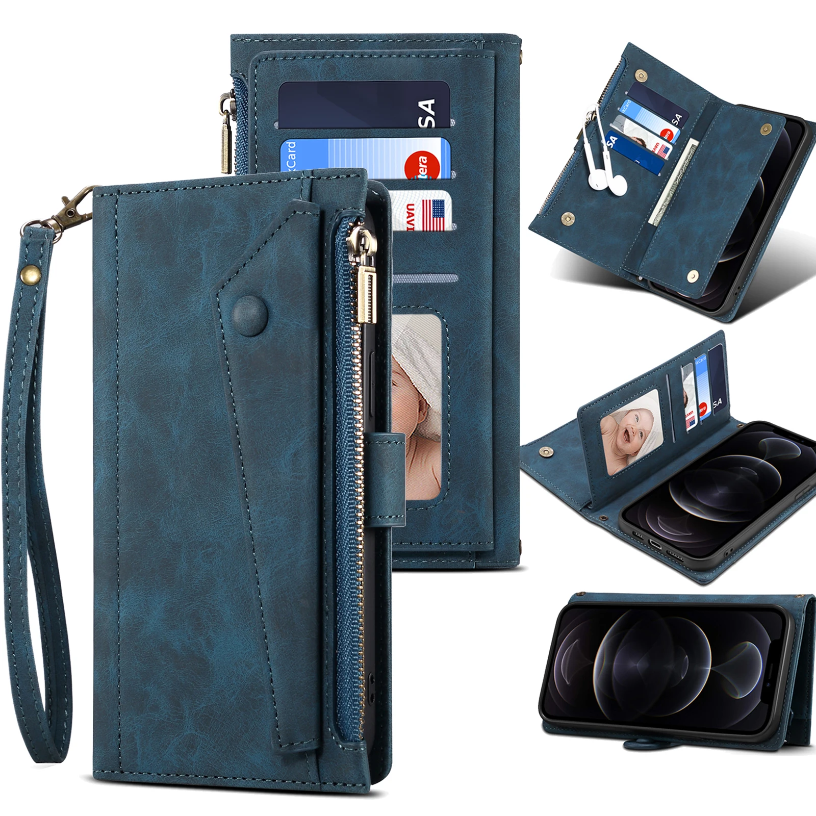 Кожаный чехол-книжка с 9 отделениями для карт и молнией iPhone 16 Pro Max