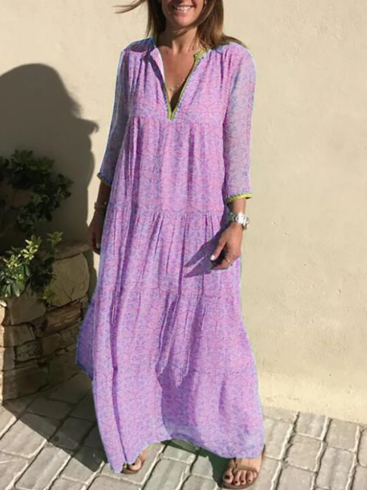 

V Neck Boho Maxi Dress Women Summer Clothes 2022 Vintage Print Loose Party Long Dresses Casual Beach Green Robe Vestidos