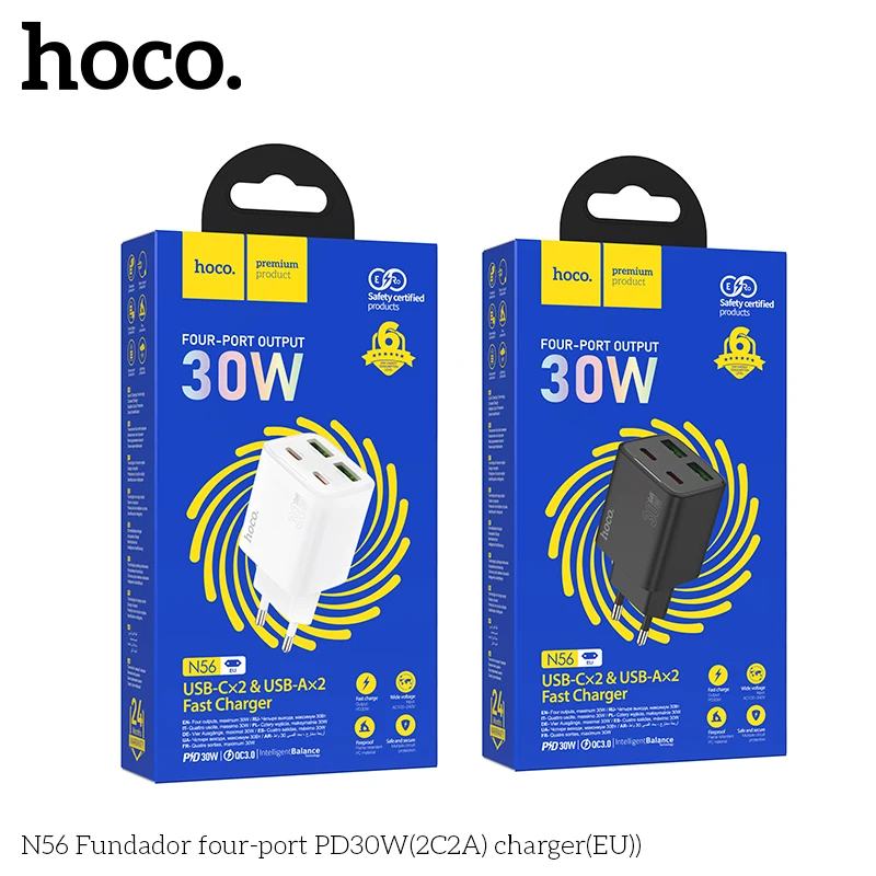 HOCO N56 4 порта (2C2A) USB зарядное устройство QC3.0 Быстрая зарядка быстрое зарядное устройство для iPhone Samsung Xiaomi Huawei Oppo адаптер