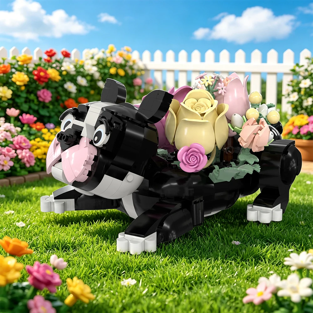 Фото Конструктор Gobricks MOC: Французский бульдог (цветочная серия) — развивающая модель животного из кирпичиков, DIY-набор для сборки, игрушка для детей, подарок №3