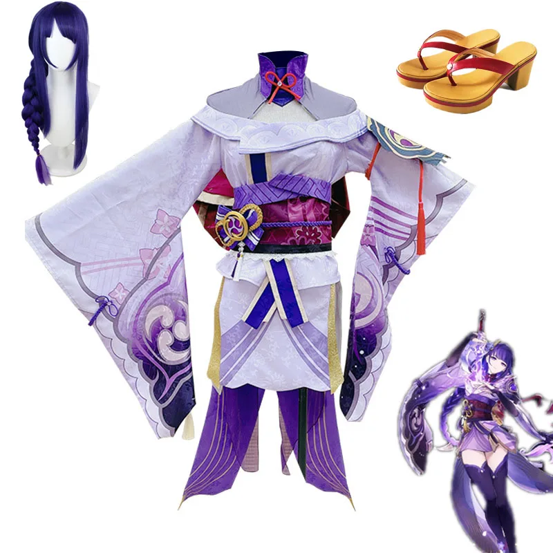 

Genshin Impact Cos One Heart Pure Land Thunder General Cos Clothes Game Animation Full Set Stage Suit Cosplay Cos Braid Wig Shoe