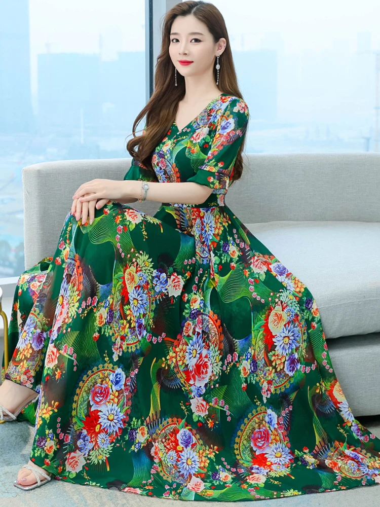

Summer Clothes For Floral Chiffon Fashion Green Midi Dress Women Boho Beach 2023 Chic Elegant Bodycon Party Maxi Evening Dresses