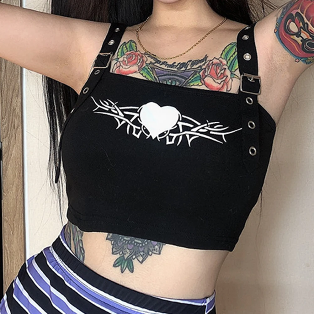 

Women Summer Street Punk Style Casual Harajuku Crop Vest Gothic Heart Print Black Tank Top Sleeveless Backless Camisole