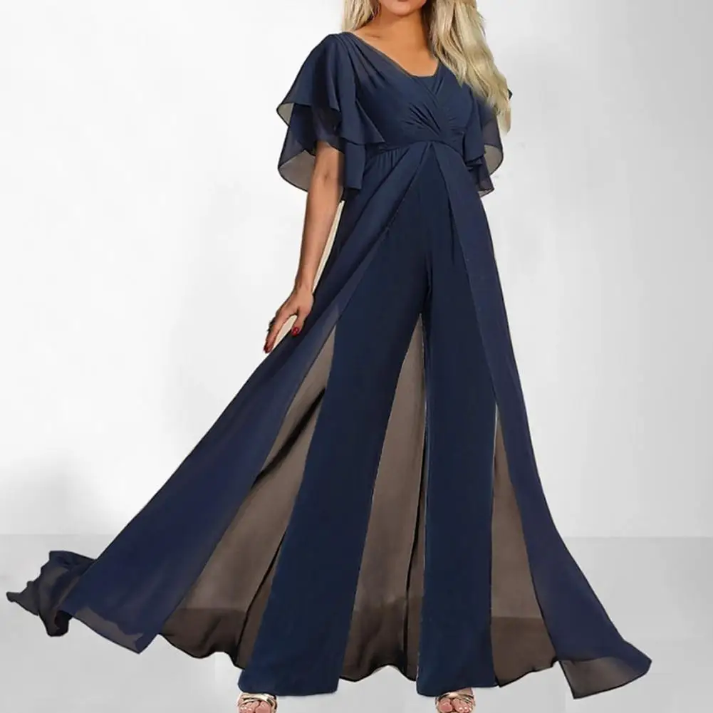 

Soft Party Jumpsuit Elegant V-neck Jumpsuit with Wide-leg Hem High Waist See-through Back Zipper for Parties Proms Lady Prom