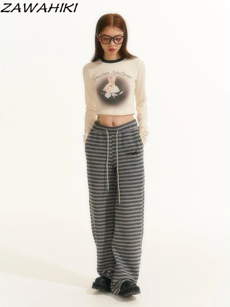 

Hip Hop Sweatpants Striped Bottom Women Cotton Long Pant Y2k Drawstring Pants Wide Leg Dark Grey Casual Loose Baggy Pants