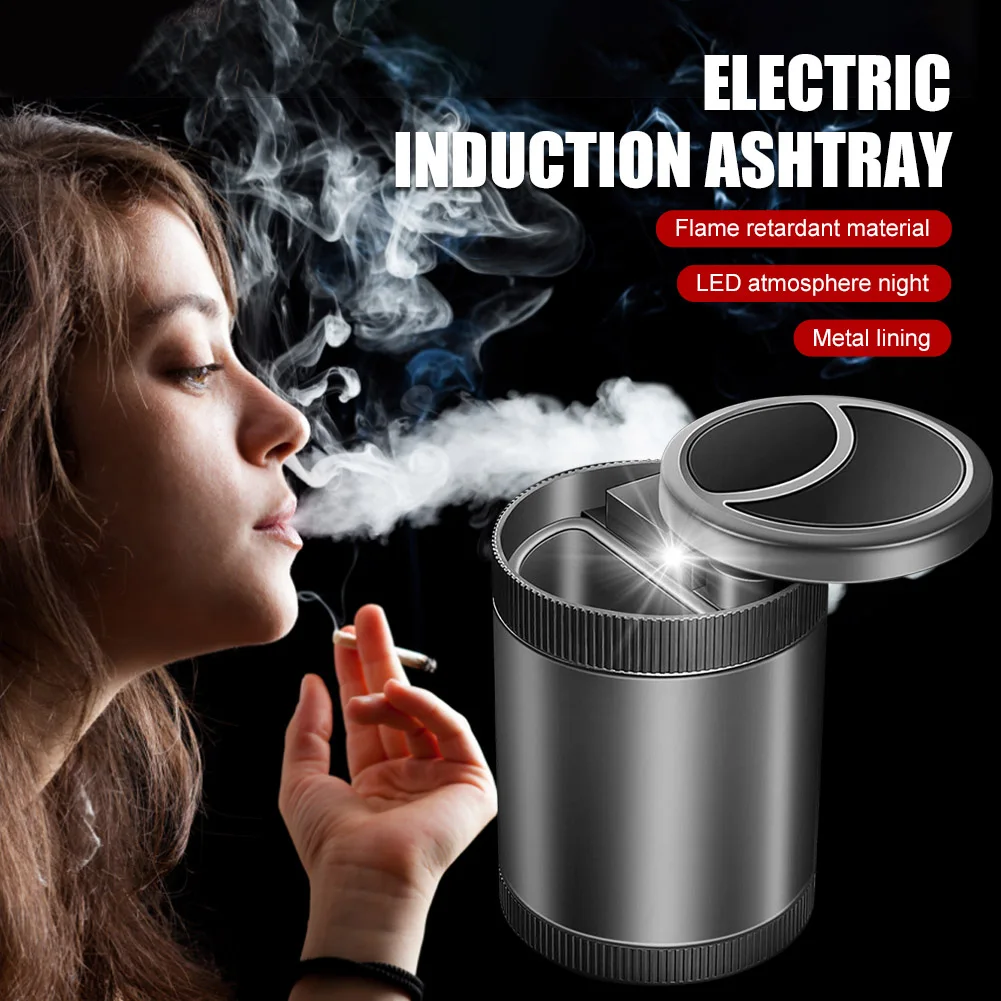 

Car Smart Ashtray Automatic Opening and Closing with LED Light Infrared Sensor Metal Smokeless Ashtray with Lid Sealing Ring