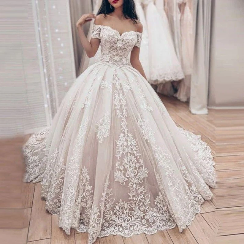 

13876# Luxury Sweetheart Lace Up Fashion A Line Wedding Dress Off the Shoulder Appliques Bridal 2022 Gown свадебный наряд