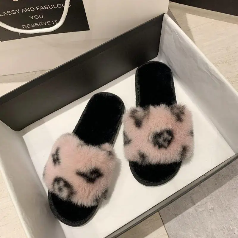 

New Cotton slippers 2022 autumn and winter Korean version of the net red printing word flat bottom casual hairy slippers women