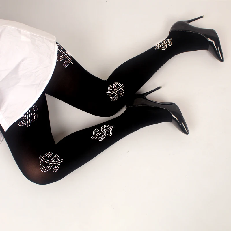 Dollar Stockings Sexy Woman Geometric Pattern Rhinestone Tights Rivet Winter Solid Shiny Letters Pantyhose Women's Plus Size