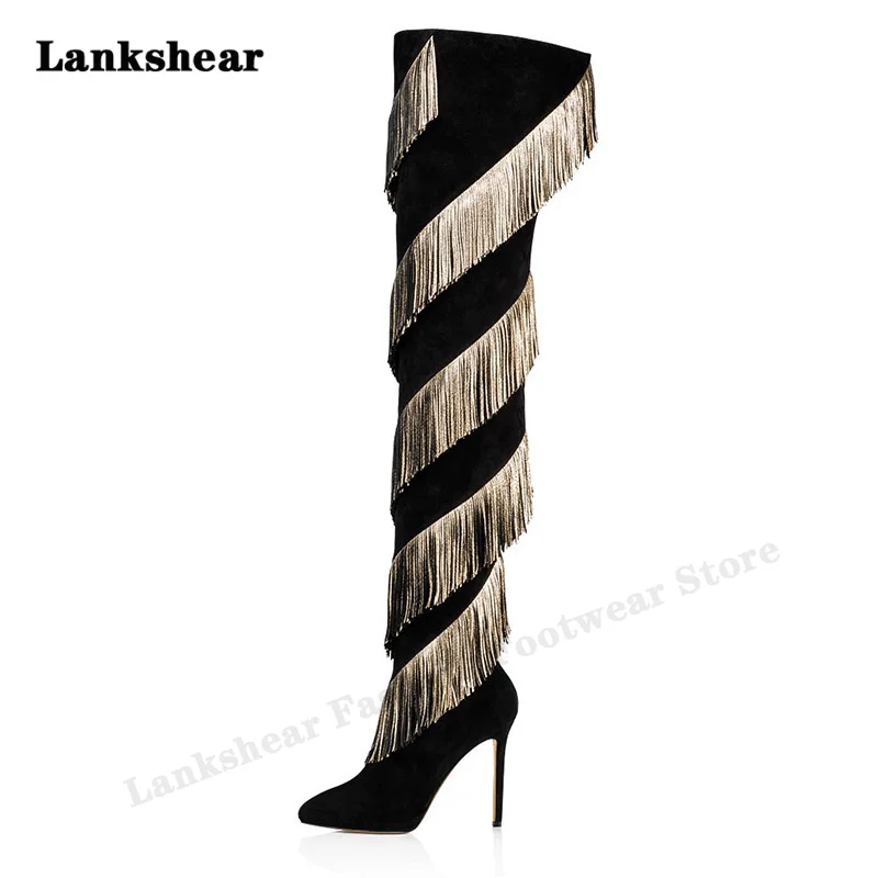 Black Suede Gold Pu Tassel Stiletto Thigh Boots Thick Heel Pointed Toe Western Style Long Boots Ladies Plus Size 34-46