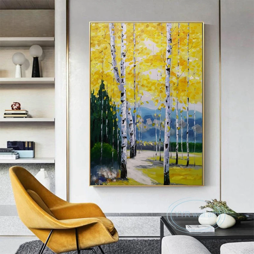 

Home Aesthetic Decoration Mural Abstract Oil Painting Modern Handmade Yellow Forest Canvas Wall Art Hanging Poster Customization