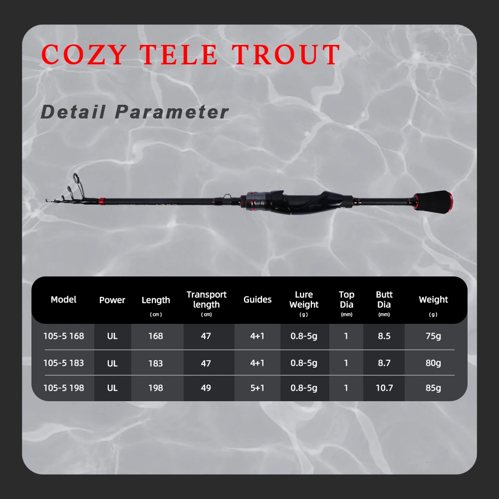 Фото Mifine COZY TELE TROUT Телескопическая дорожная удочка 24T Карбоновая приманка Вес 0,8-5 г UL Трубчатые наконечники Портативные спиннинговые удочки №2