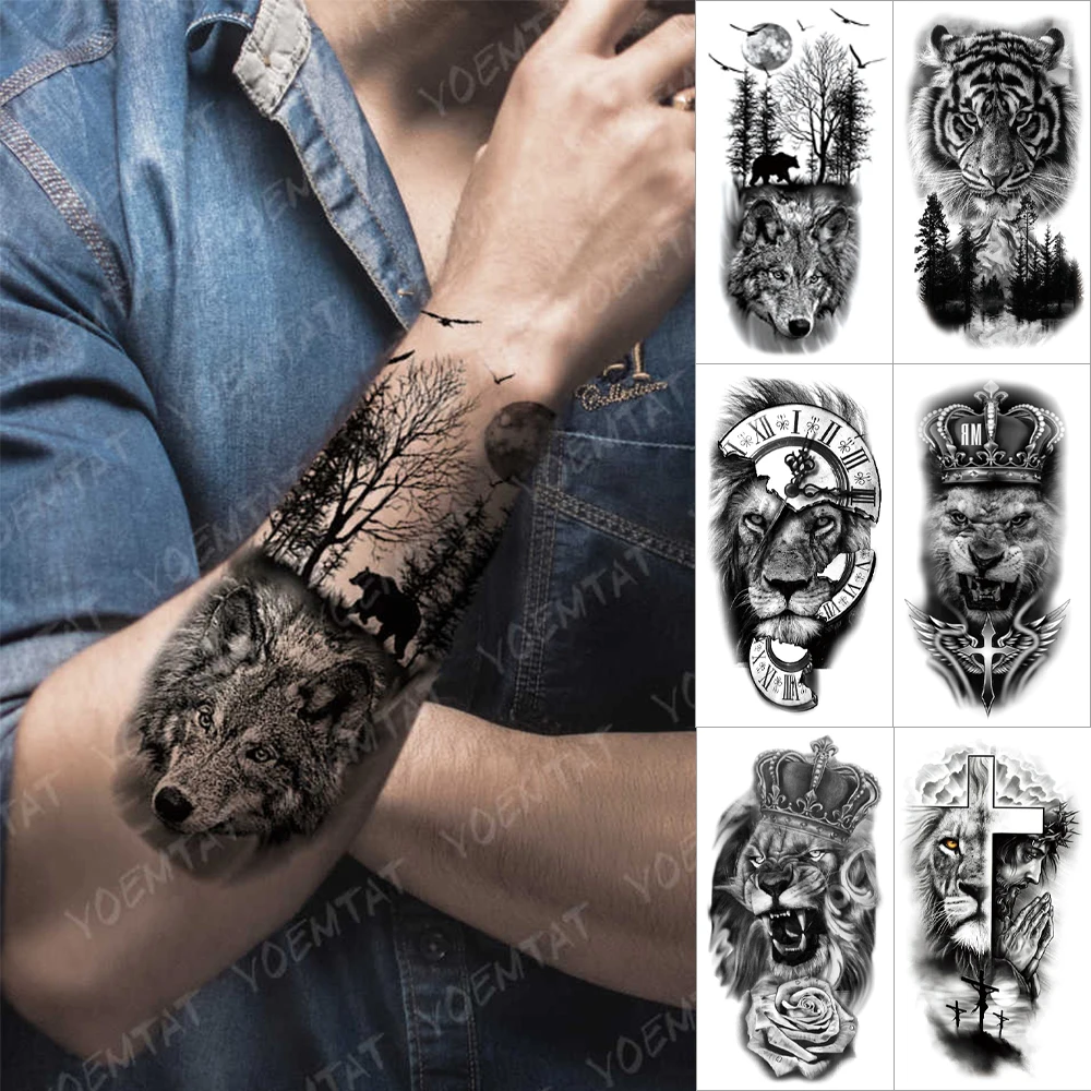 

6pcs Waterproof Temporary Tattoo Sticker Animal Wolf Lion Tiger Crown Forest Tattoos Realistic Body Art Arm Fake Tatoo Men Women