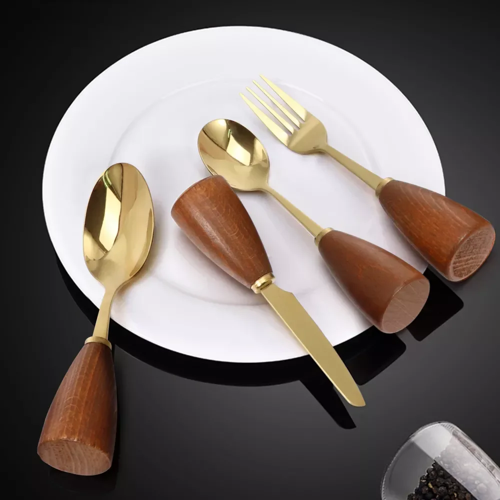 

Wood Handle Tableware Spoon Cutlery Fork Western Dessert Dinnerware Japanese Luxury Kitchen Dining Steak Tableware Accessories