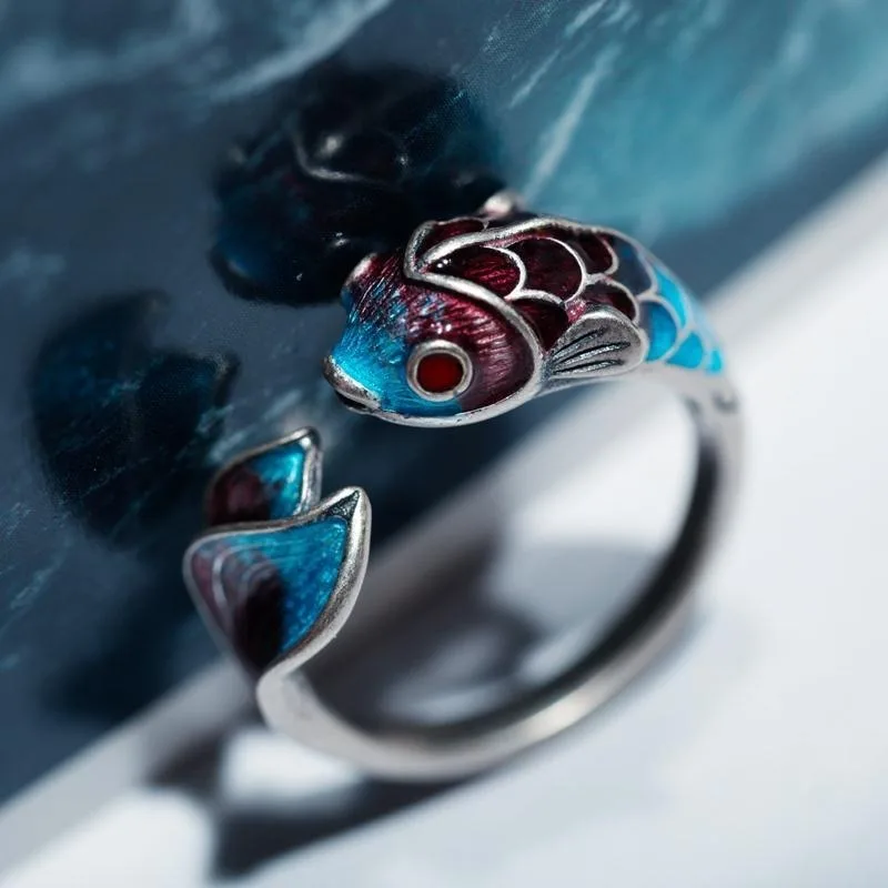

Enamel Koi Fish Ring Chinese Classical Ethnic Minority Design Elegant Charm Ladies Adjustable Silver Jewelry